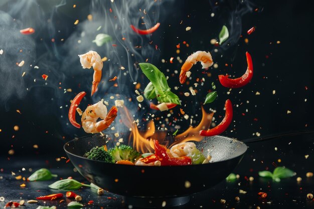 Flaming Wok with Vegetables and Shrimp in Dynamic Motion Display