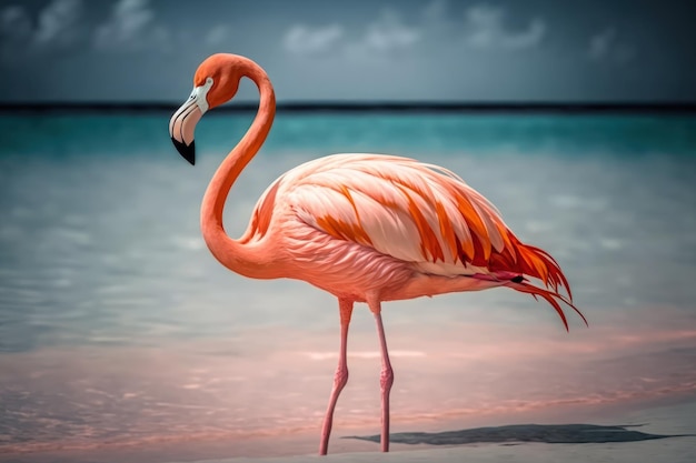 On Flamingo Beach in Aruba a stunning pink flamingo plumes himself