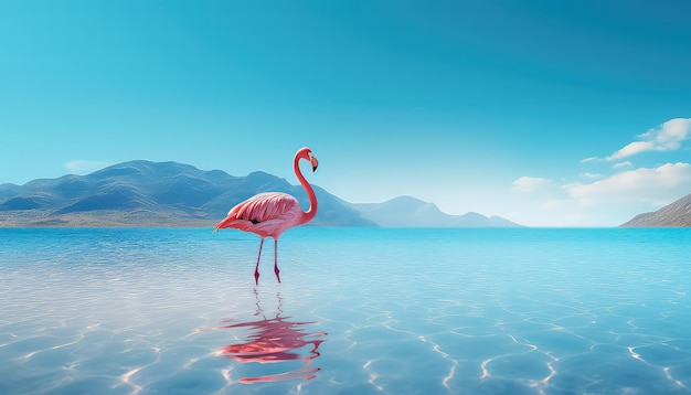 flamingo on the beach and waters surrounding mountains