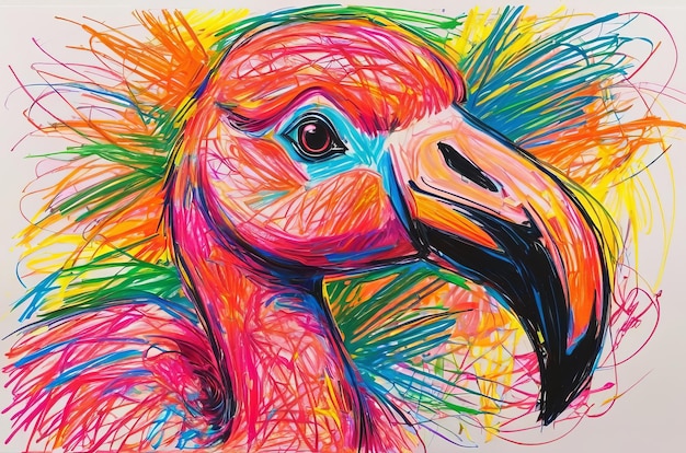 Flamingo in chaotic wax crayon drawing style