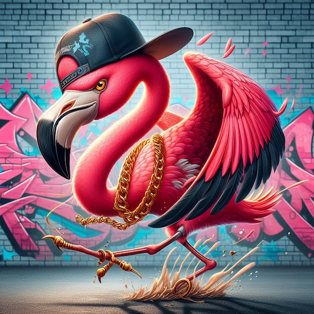 flamingo decked out in a snapback and gold chain