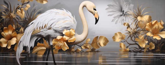 flamingo illustration on marble background with golden splashes background wallpaper