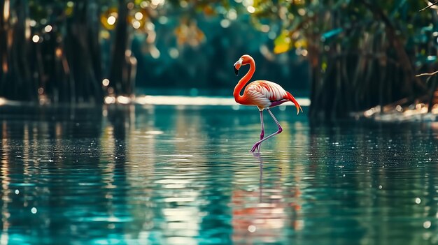 Photo a flamingo is standing in a body of water