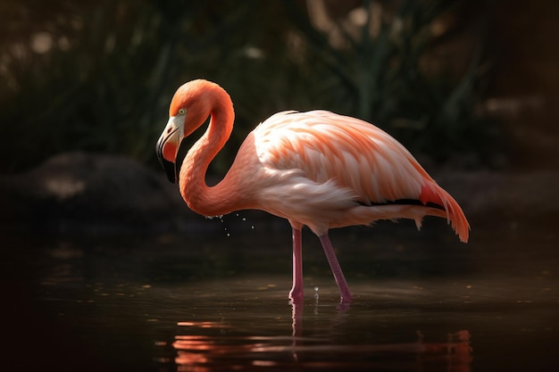 A flamingo is standing in the water and it is looking at the camera.