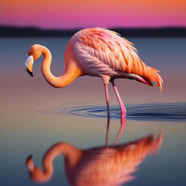 a flamingo is standing in the water with a sunset in the background