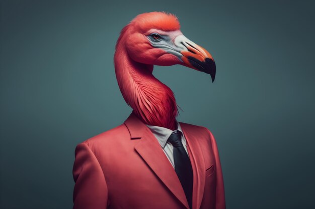 Flamingo in a Red Suit Against a Simple Plain Background Stock Image of Animal in Business Suit