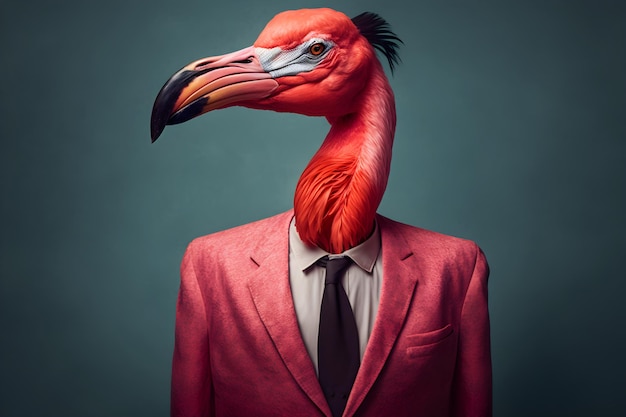 Flamingo in a Red Suit Against a Simple Plain Background Stock Image of Animal in Business Suit