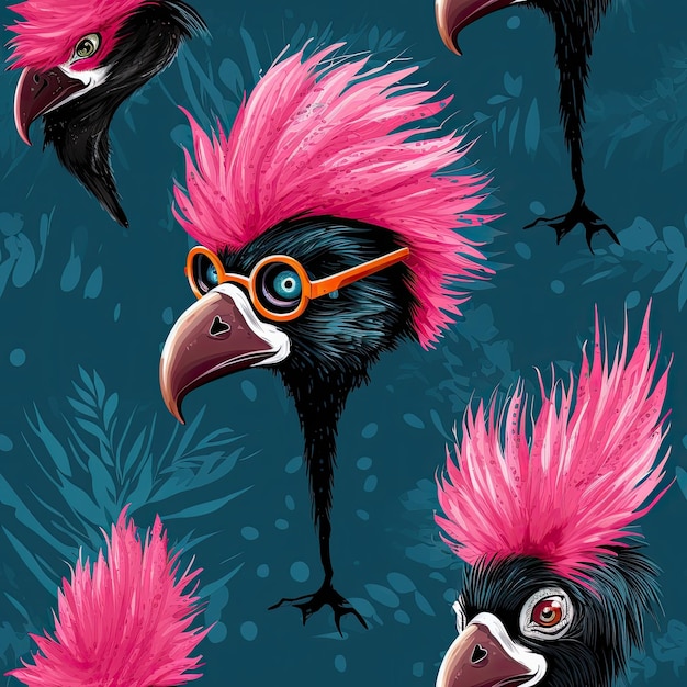 Flamingo in rock style seamless pattern