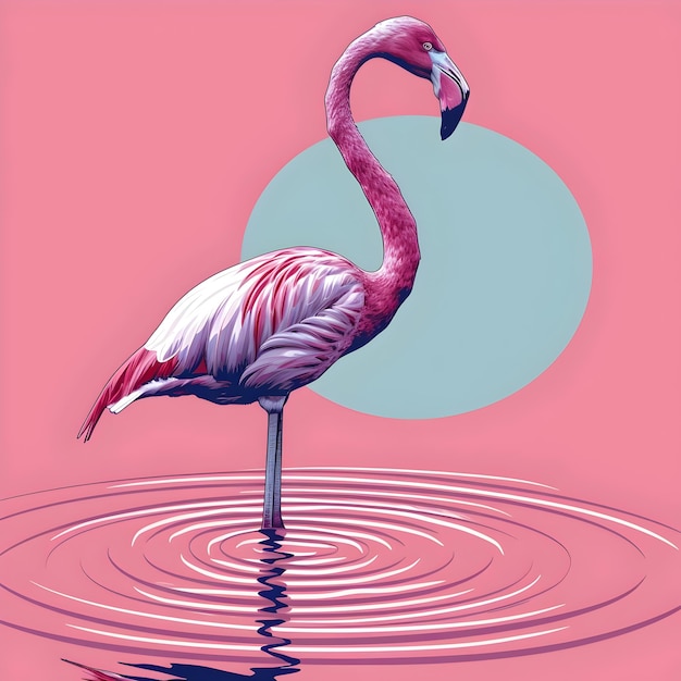 Flamingo Simplistic Pink Bird in Tranquil Water Scene