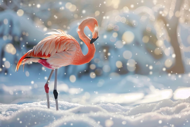 a flamingo standing in the snow