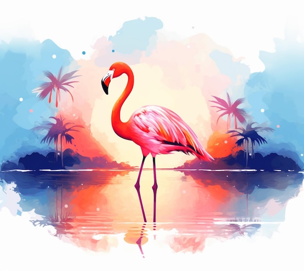 Flamingo standing in water with sunset in background generative ai