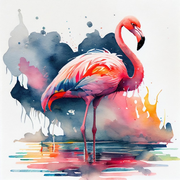 Flamingo in water colors stands in the water