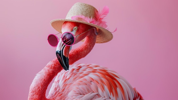 Photo flamingo wearing hat and sunglasses on isolated pink background