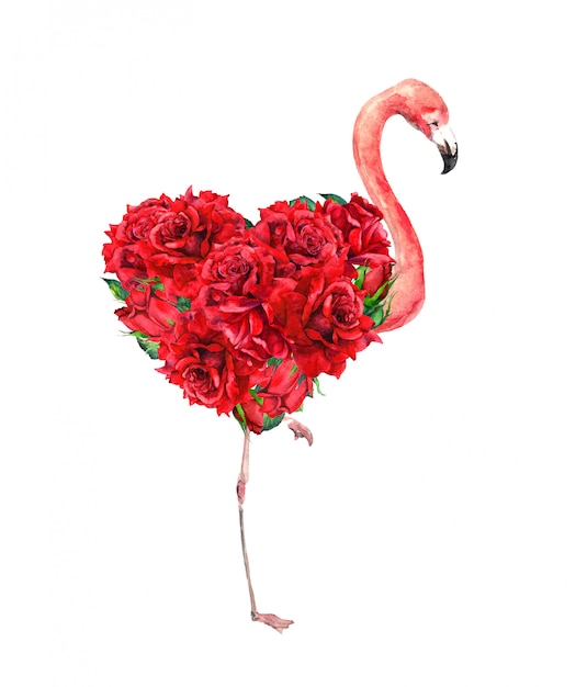 Flamingo with floral heart - red rose flowers. Unusual watercolor for Valentine day