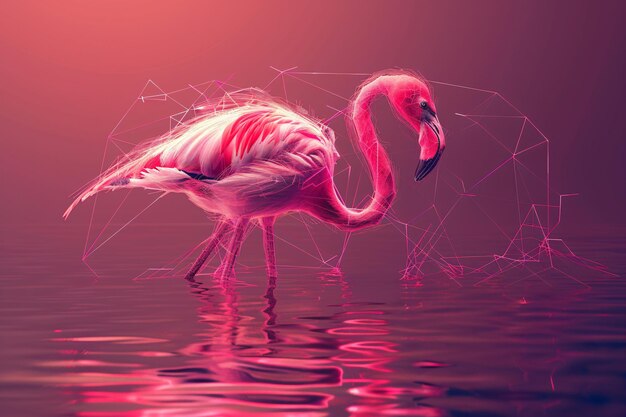 Photo flamingo with glowing neon outline on dark water background