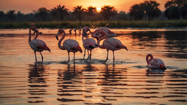 flamingos are standing in the water at sunset