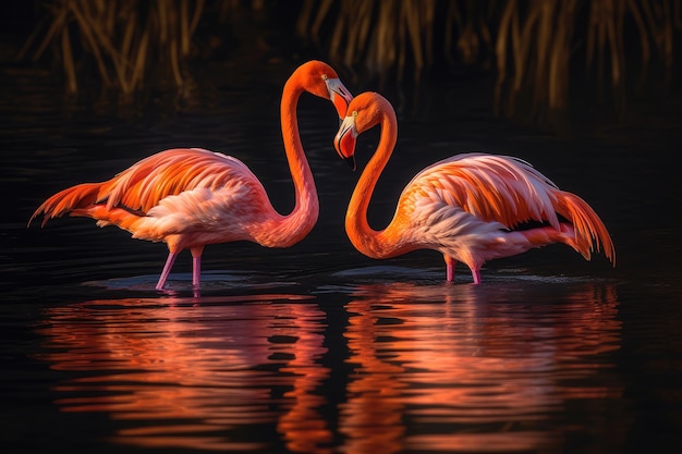 Flamingos entwined in sunsets reflect love generative IA