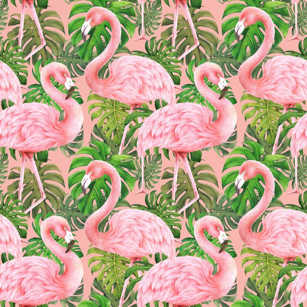 Flamingos and monstera leaves seamless pattern on pink background