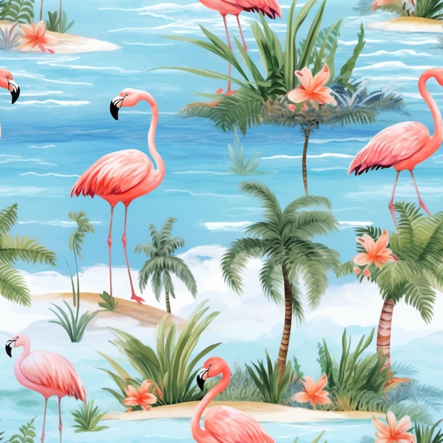 flamingos and palm trees on a tropical island with a blue sky generative ai