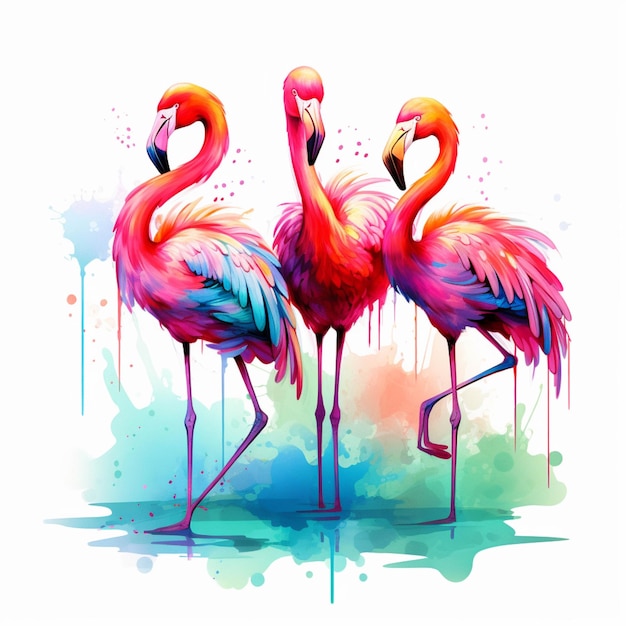 Flamingos standing in a row with colorful paint splashes on the background generative ai