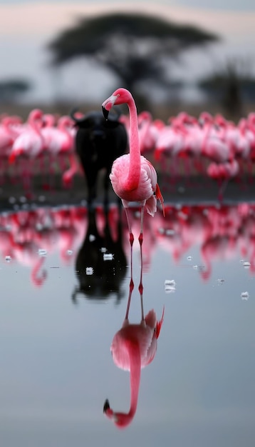 Photo flamingos wading in reflective waters at dawn showcasing vibrant colors and natural beauty