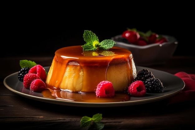 A flan with a mint leaf on top sits on a plate.