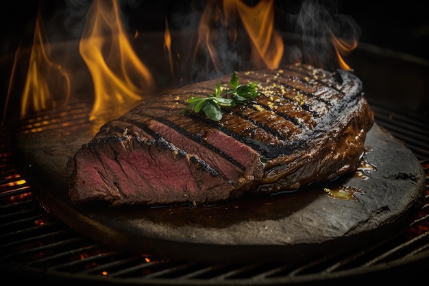 Flank steak on grill charred and smokey