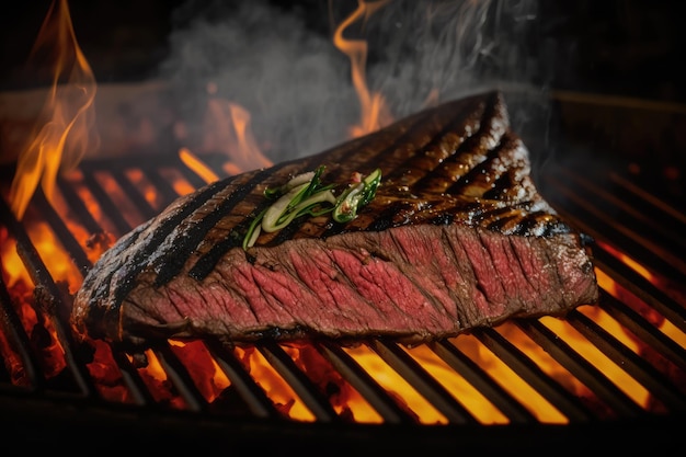 Flank steak on grill charred and smokey