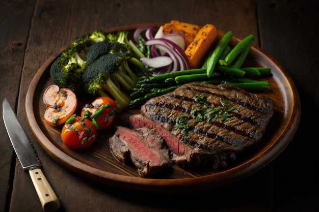 Flank steak grilled to an exterior char and interior juiciness with side of vegetables