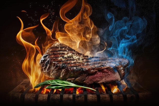 Flank steak grilled over hot fire with smoke and flames rising from the grill