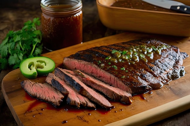 Flank steak marinated in tangy bbq sauce ready for grilling