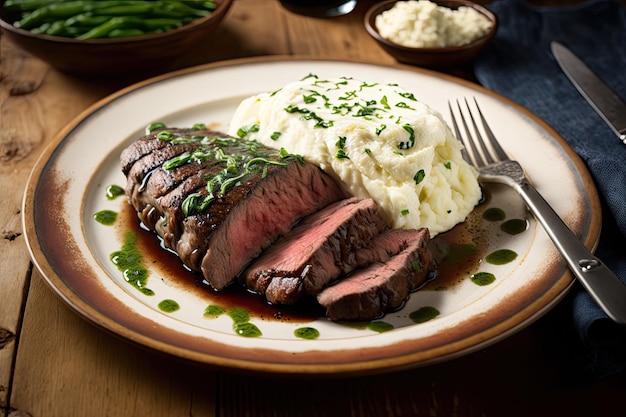 Flank steak served over fluffy bed of mashed potatoes