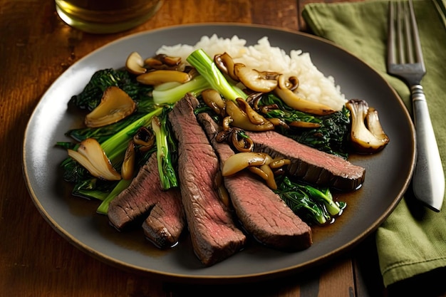 Flank steak stirfried with mushrooms and bok choy