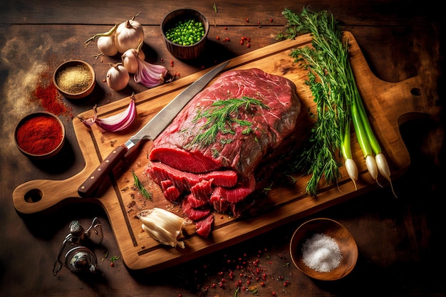 Flank steak of weak roasting lies on wooden board next to knife and sauces with greens