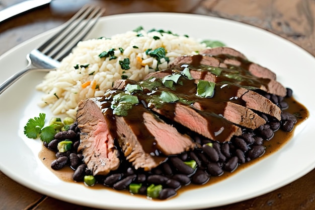 Flank steak with balsamic glaze served over white rice and black beans