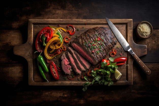 Flank steak on wooden board with knife and pepper for an elegant presentation