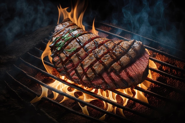 Flank steak wrapped with slice of bacon on the grill