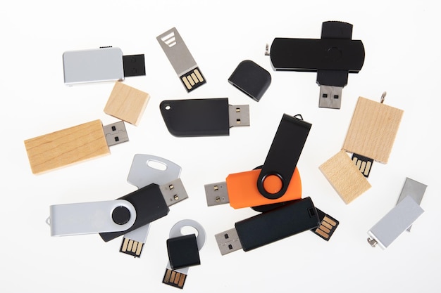 Flash drive several open different usb key for advertising mockup of different size models on white background