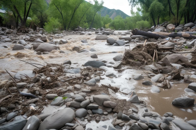 Flash flood brings with it debris and rocks washing them downstream