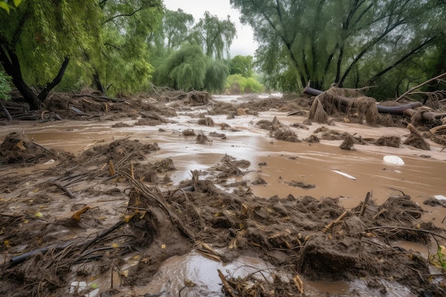 Flash flood cascades over the side of riverbank depositing debris and litter