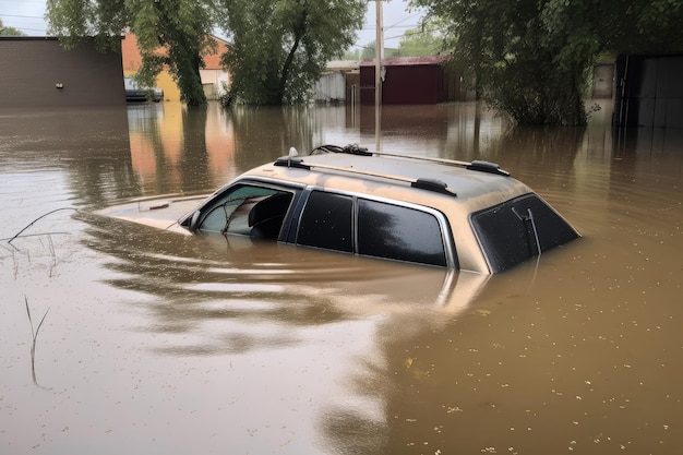 Flash flood drives car underwater with only its rooftop visible above water