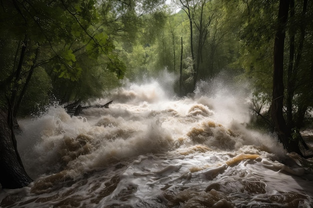 Flash flood racing through forest with trees bending under the force of rushing water