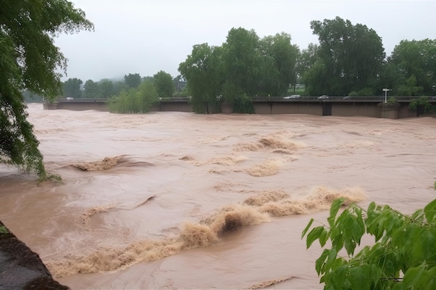 Flash flood rushes over riverbank flooding the surrounding area