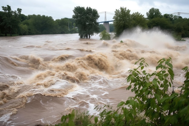 Flash flood rushes over riverbank flooding the surrounding area