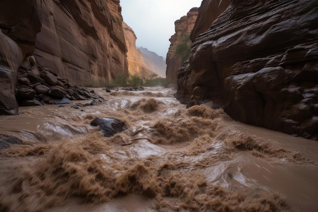 Flash flood rushing down a narrow canyon with walls of rock rising on either side