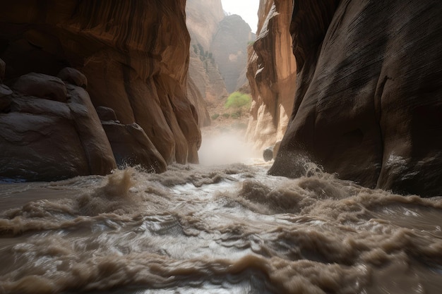 Flash flood rushing down a narrow canyon with walls of rock towering overhead