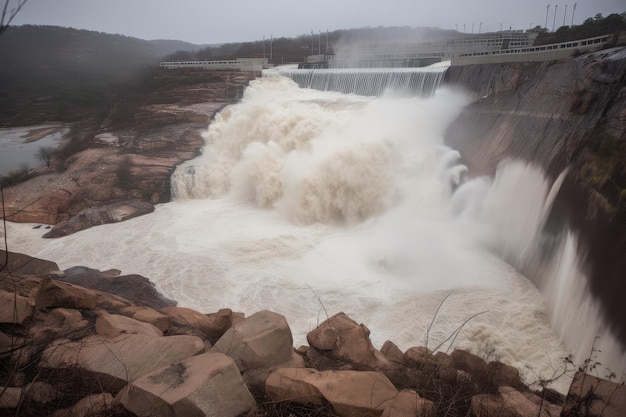 Flash flood rushing through broken dam with water spilling out of the reservoir