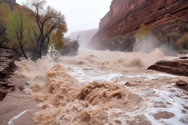 Flash flood rushing through a canyon with the water overflowing its banks