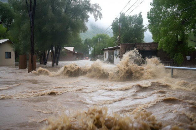 Flash flood rushing through town carrying debris and wreaking havoc