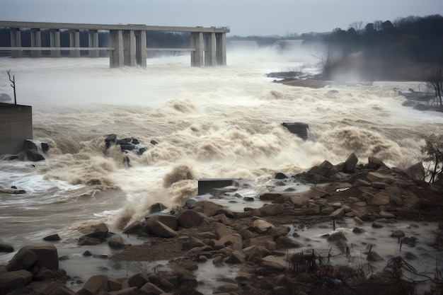 Flash floodwaters rushing past a broken dam with debris and drowned animals in its wake